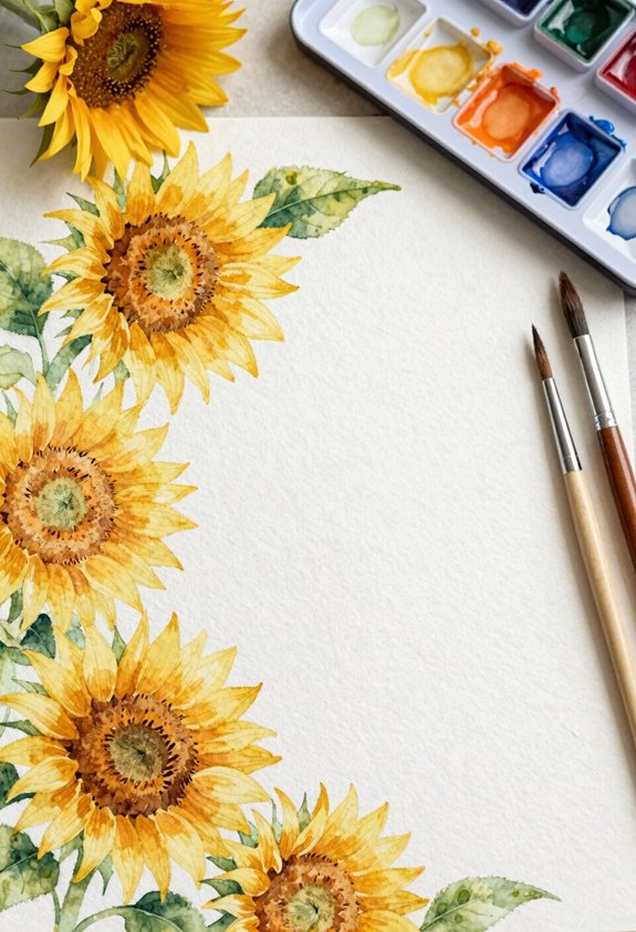 Watercolor sunflowers border a blank page with a paint palette and brushes.