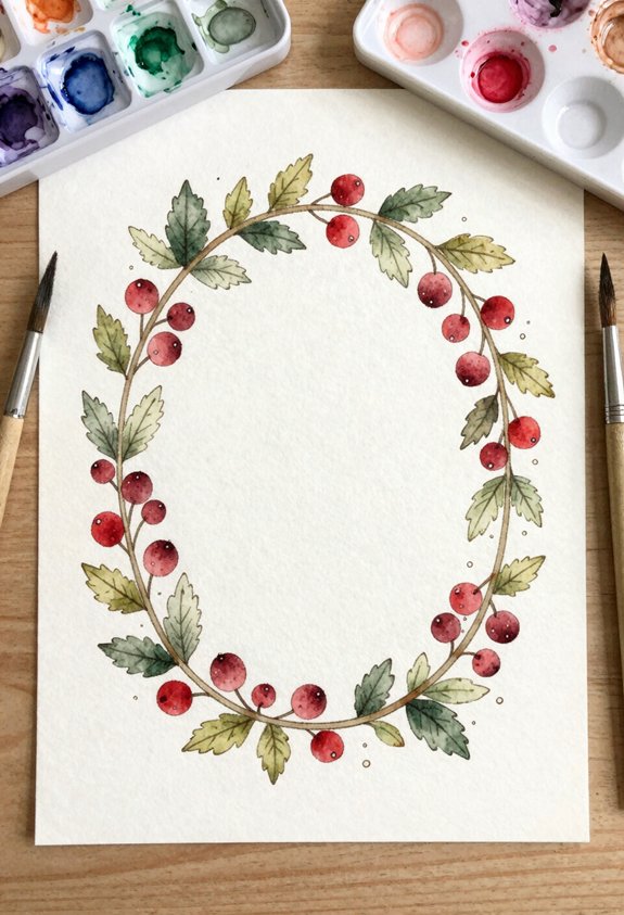 Watercolor wreath featuring red berries and green leaves on white paper, with paint palettes and brushes.