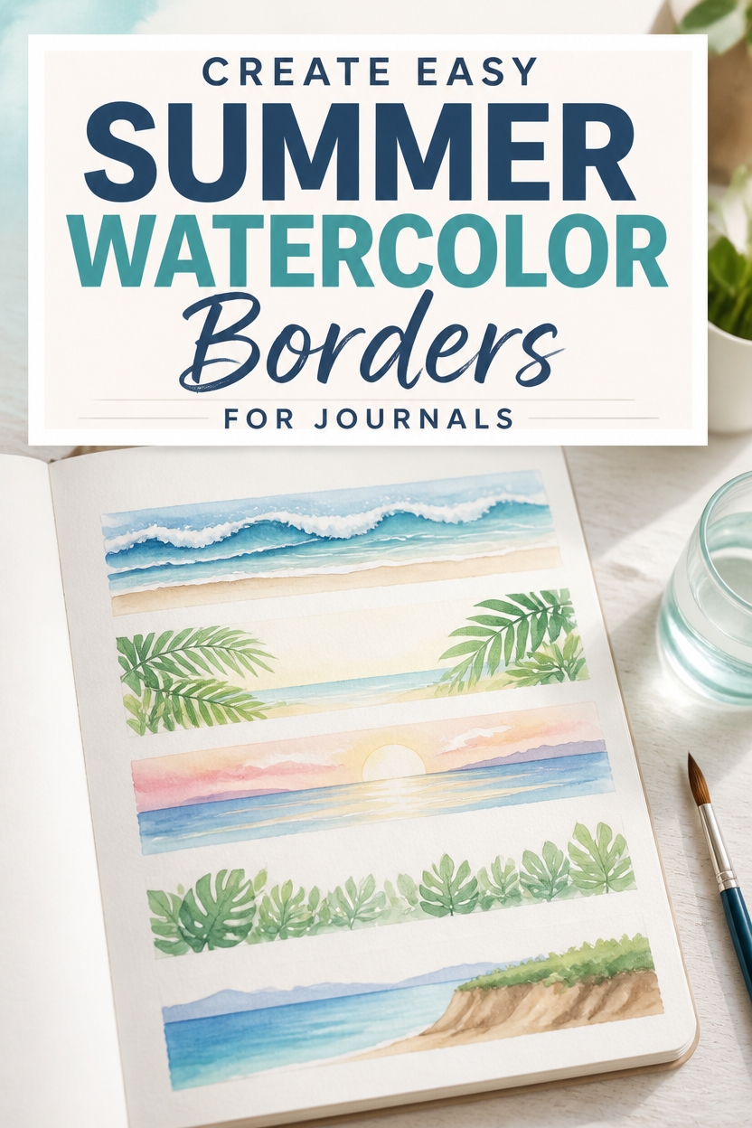 Banner promoting Summer watercolor borders for journals; notebook pages with ocean waves, palm leaves, and sunset scenes.