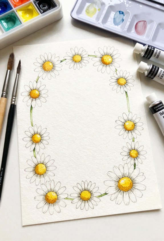 Watercolor daisies arranged in a circular frame on white paper, with paints and brushes nearby.