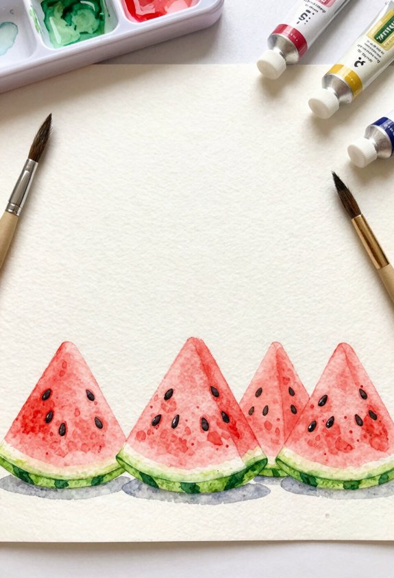 Watercolor illustration of four watermelon slices lined along the bottom, with a paint palette and brushes in the background.