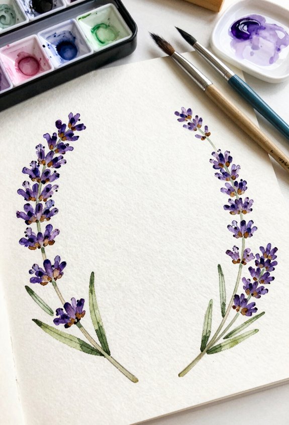 Watercolor lavender sprigs forming an arch on white paper, with paint palette and brushes nearby.