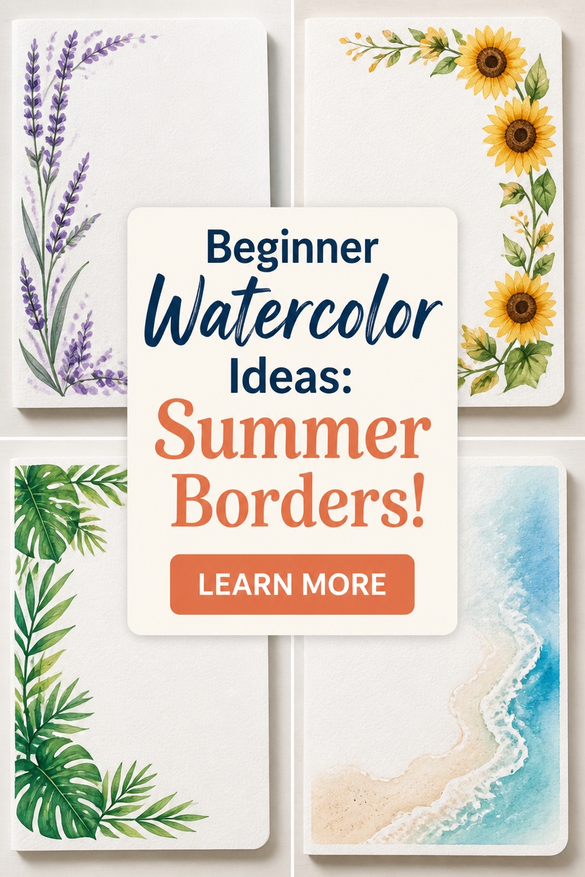 Collage of watercolor border cards for beginner ideas—lavender, sunflowers, tropical leaves, and beach borders.