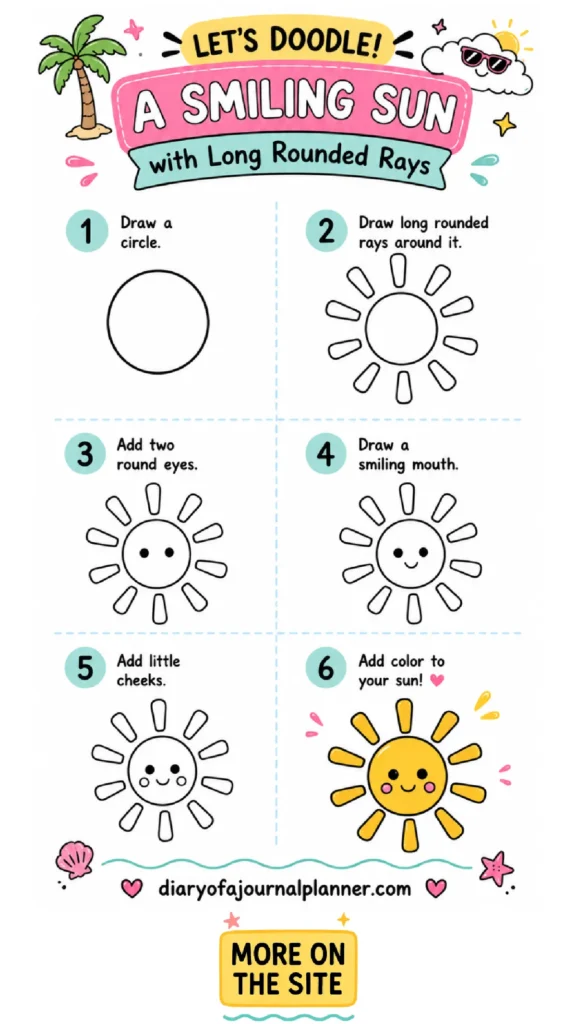 Step-by-step guide to doodle a smiling sun with fun features and colors. Perfect for creative activities!