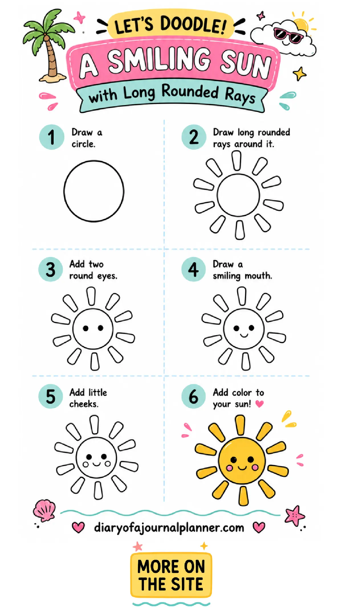 Beach doodle ideas. Step-by-step guide to doodle a smiling sun with fun features and colors. Perfect for creative activities!