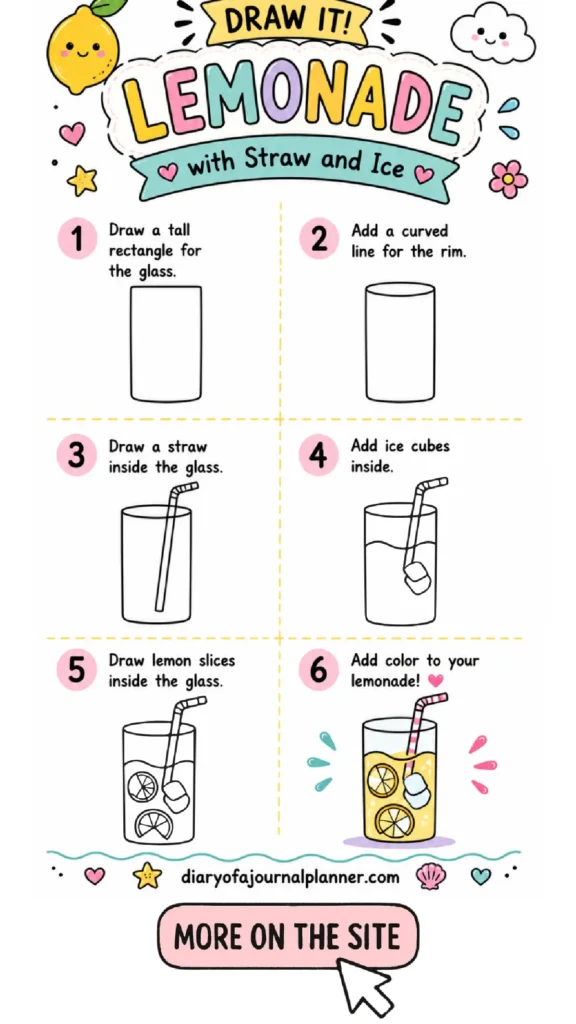 Step-by-step guide to drawing a lemonade glass with straw, ice, and lemon slices in a fun, illustrated format.