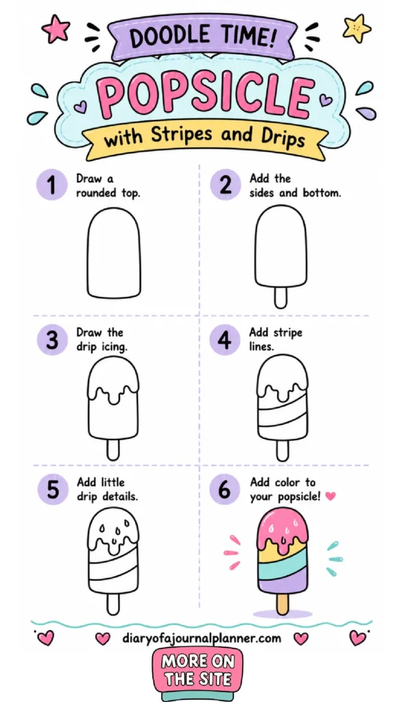 Doodle instructions for creating a colorful popsicle with stripes and drips, featuring six simple steps.