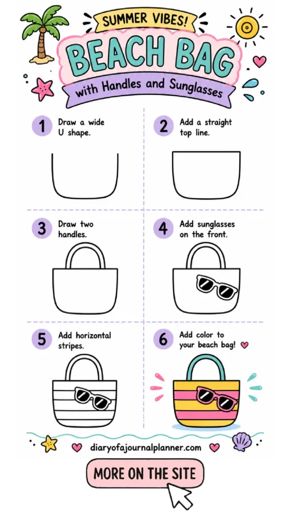 Step-by-step guide to drawing a fun beach bag with handles and sunglasses, perfect for summer vibes!