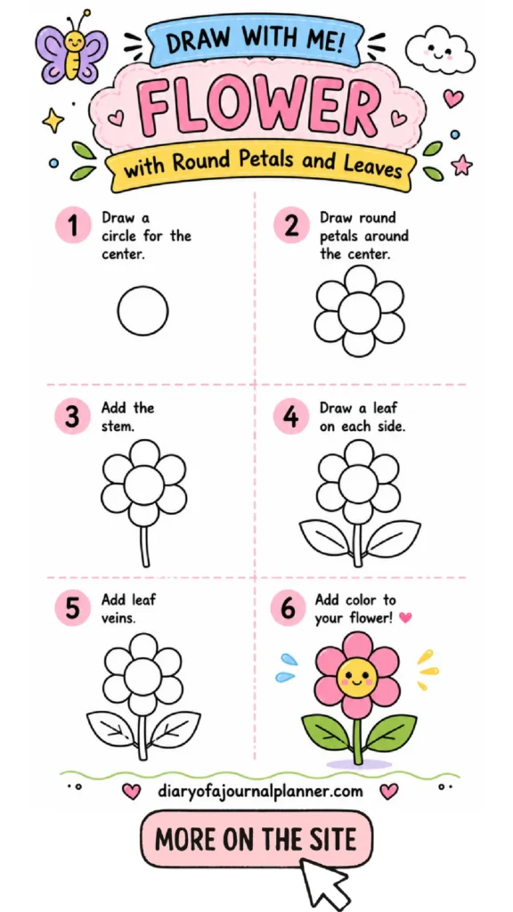 Step-by-step guide to drawing a colorful flower with round petals and leaves, perfect for beginners.