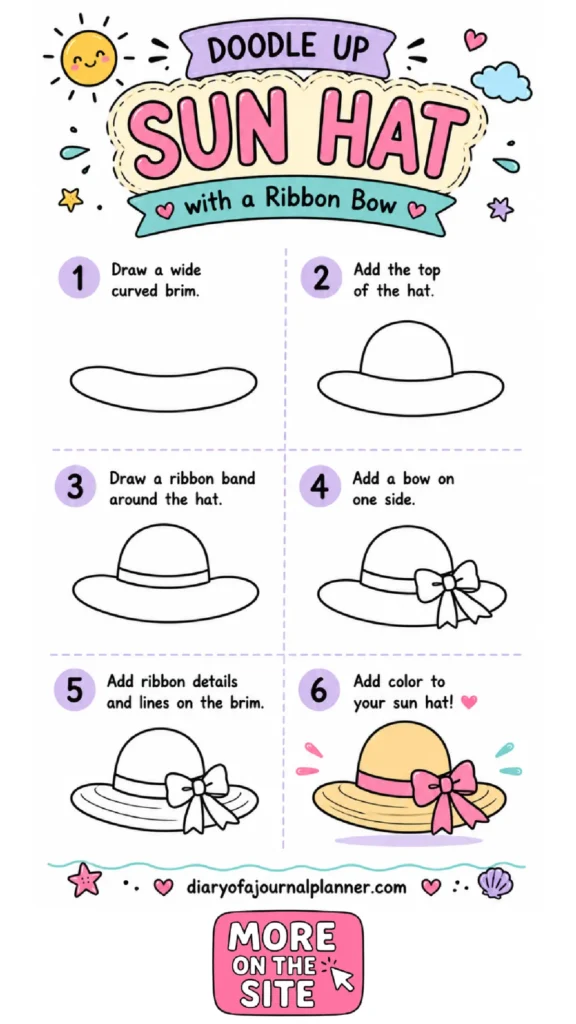 Illustrated tutorial for drawing a sun hat with a ribbon bow, featuring six simple steps to create a colorful design.