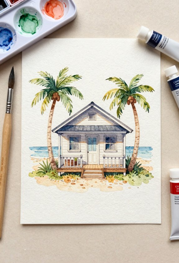 beach cottage with palms