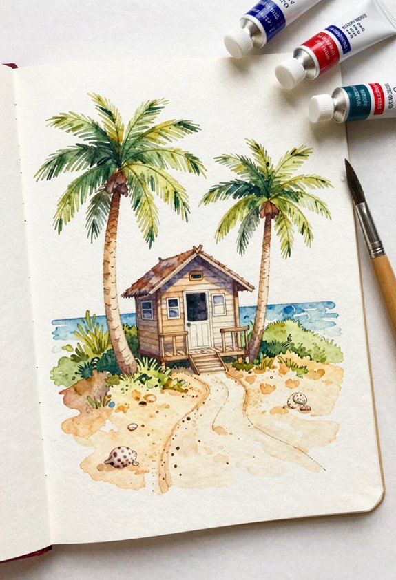 beach hut with palm trees