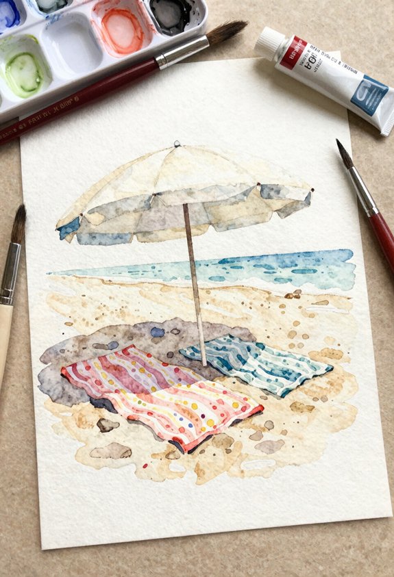 beach umbrella with towels