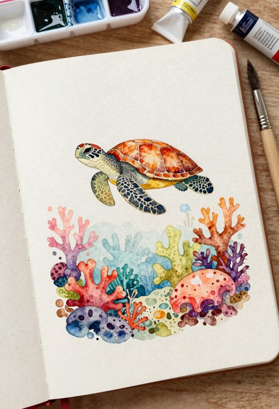 graceful turtle over vibrant coral