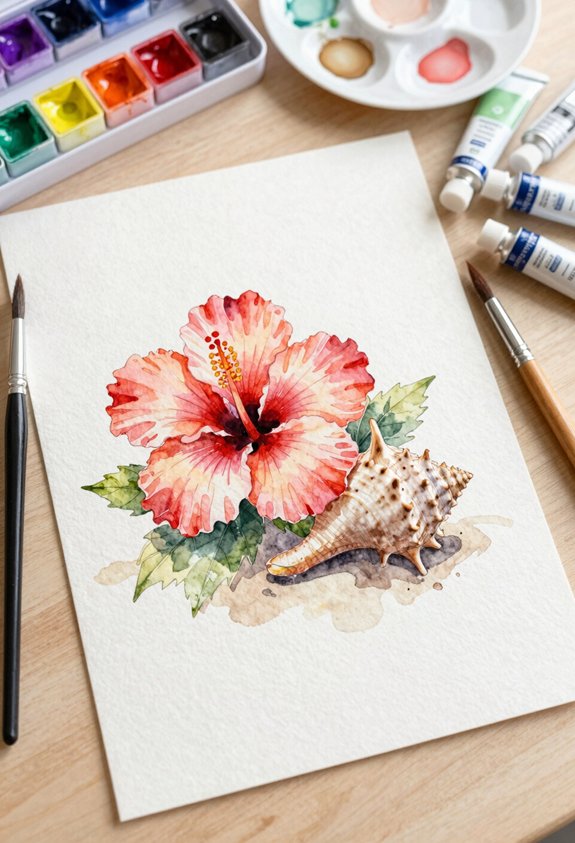 hibiscus seashell beach scene
