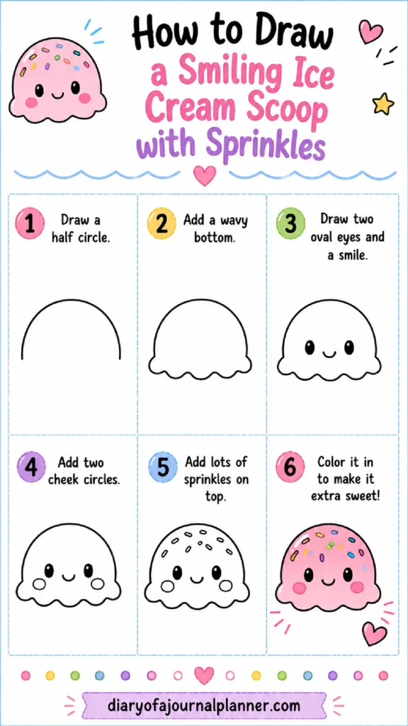 Step-by-step guide on how to draw a cute smiling ice cream scoop with sprinkles and cheeks.