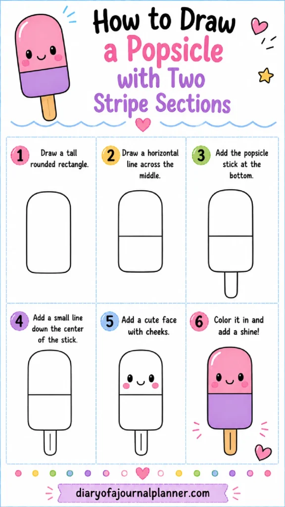 Step-by-step guide to drawing a cute popsicle with two stripes, featuring simple instructions and a cheerful design.