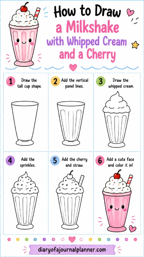 Step-by-step guide on how to draw a cute milkshake with whipped cream and cherry. Fun and easy for all ages!