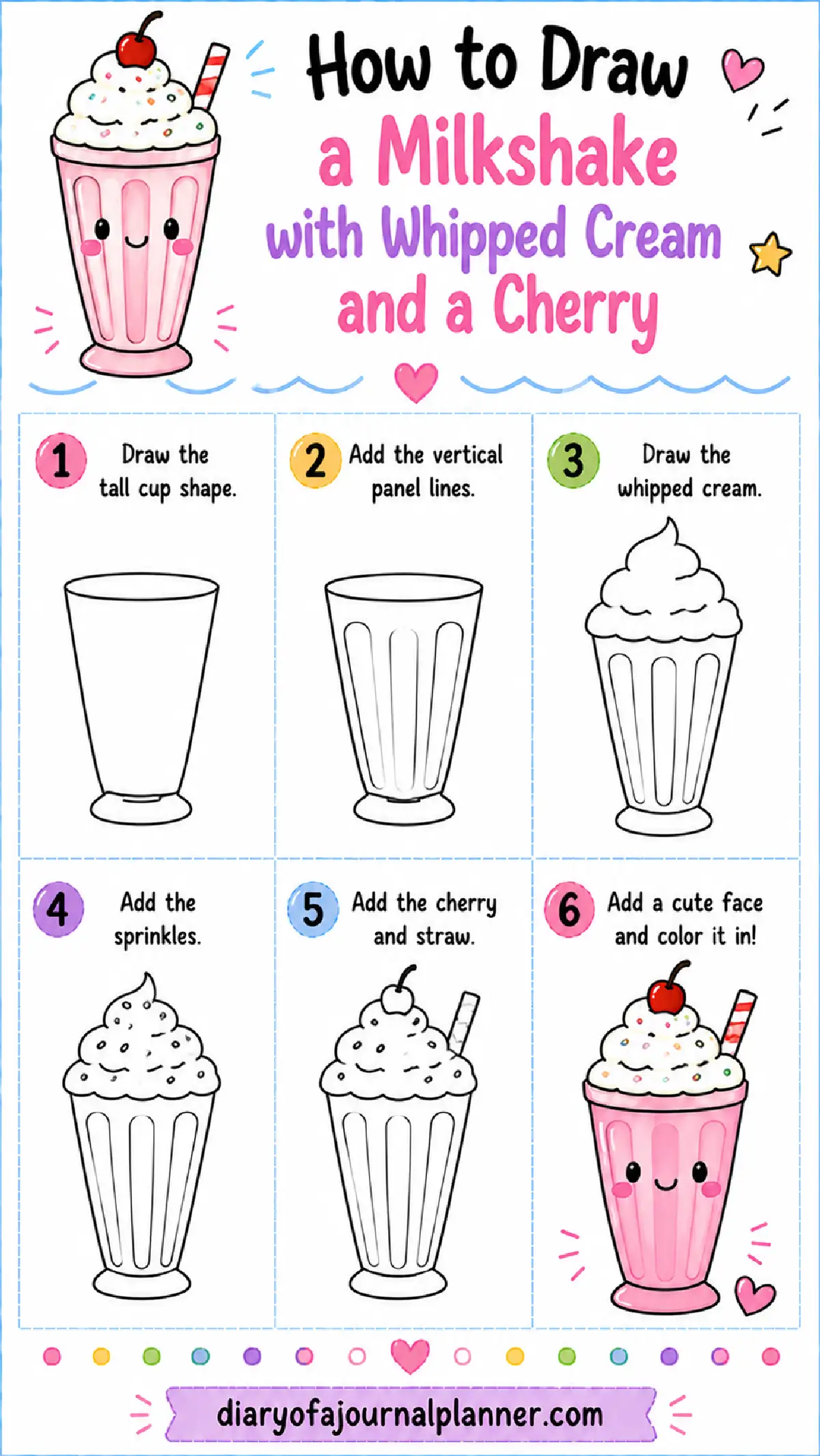 Ice cream doodle art ideas. Step-by-step guide on how to draw a cute milkshake with whipped cream and cherry. Fun and easy for all ages!