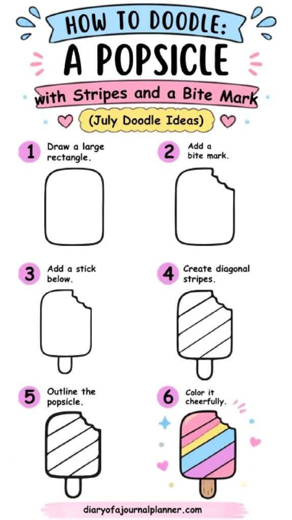 Step-by-step guide to doodling a colorful popsicle with stripes and a bite mark, perfect for summer creativity.