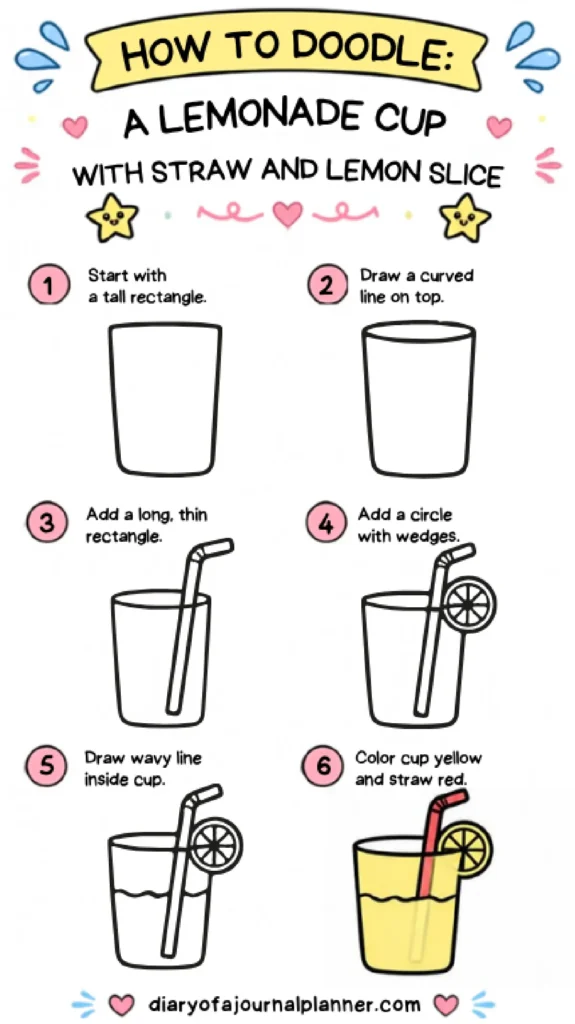 Step-by-step guide on how to doodle a lemonade cup with a straw and lemon slice, featuring six easy illustrations.