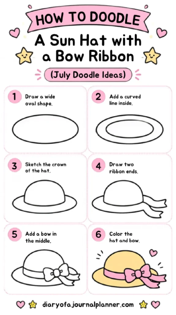Step-by-step guide to doodling a sun hat with a bow ribbon, perfect for creative July ideas.