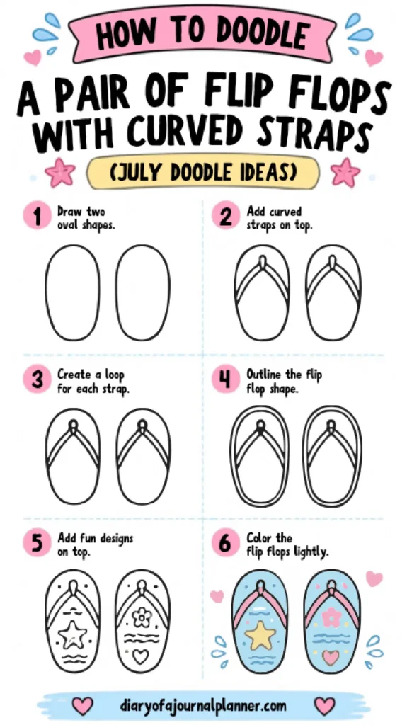 Step-by-step guide on doodling flip flops with curved straps, featuring fun designs and coloring tips.