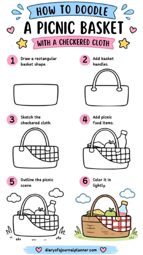 Step-by-step guide on doodling a picnic basket with checkered cloth and food items for beginners.