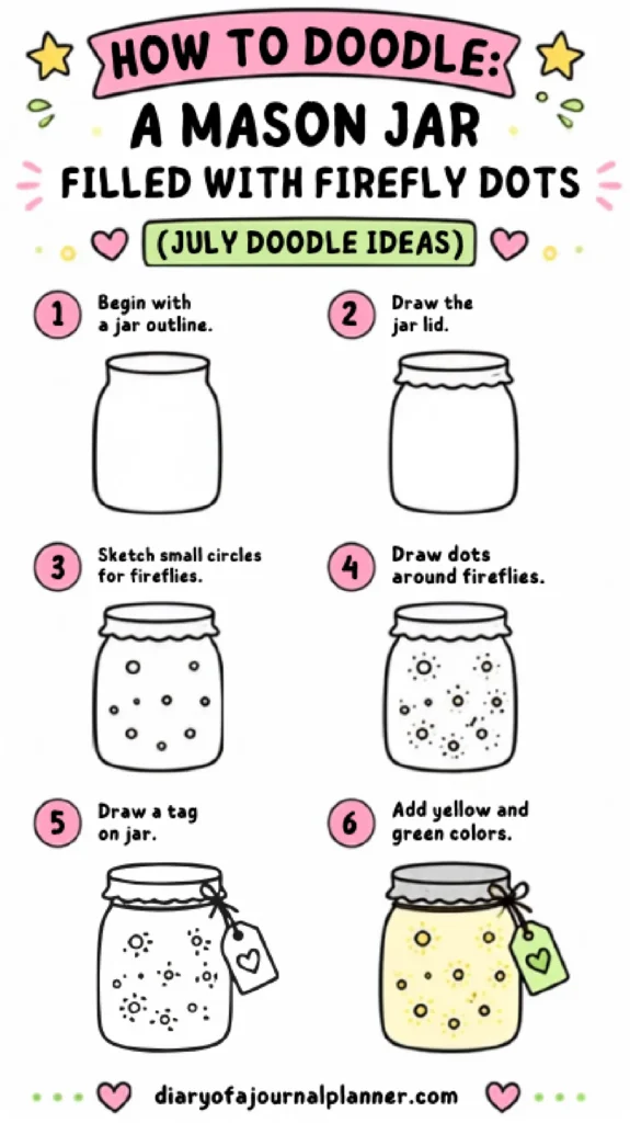 Alt text: Step-by-step guide to doodle a mason jar filled with colorful firefly dots for a creative July project.