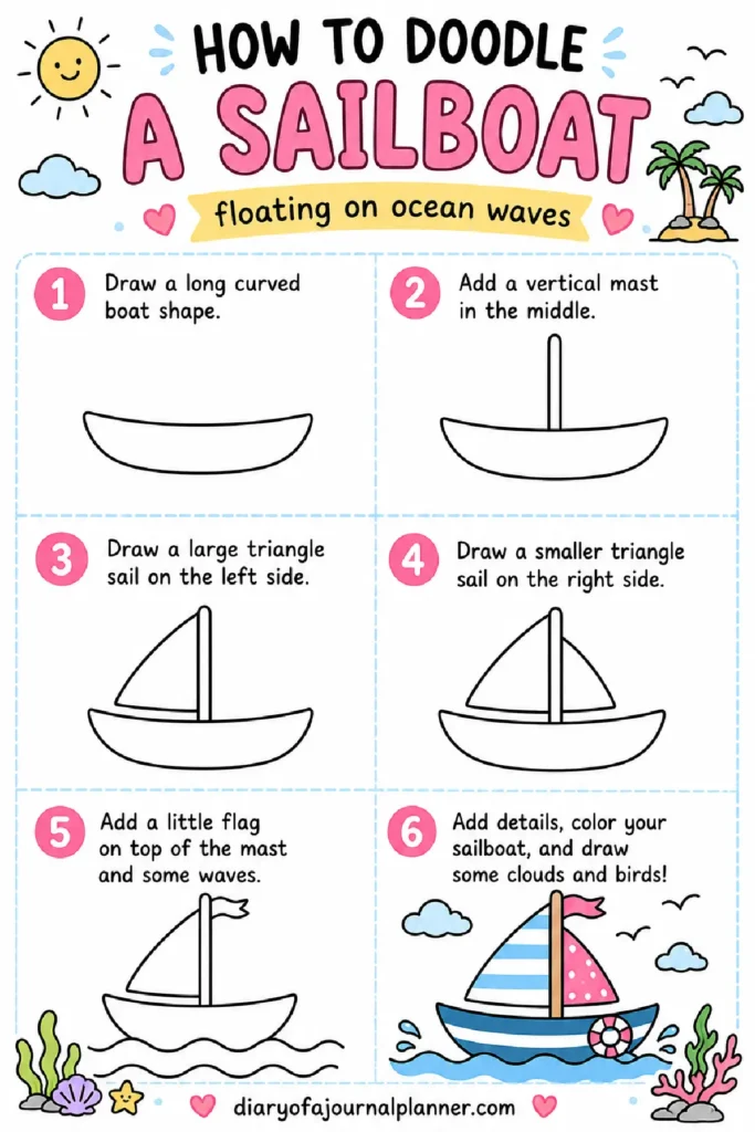 Step-by-step guide to doodling a sailboat floating on ocean waves with clouds and sun illustrations.