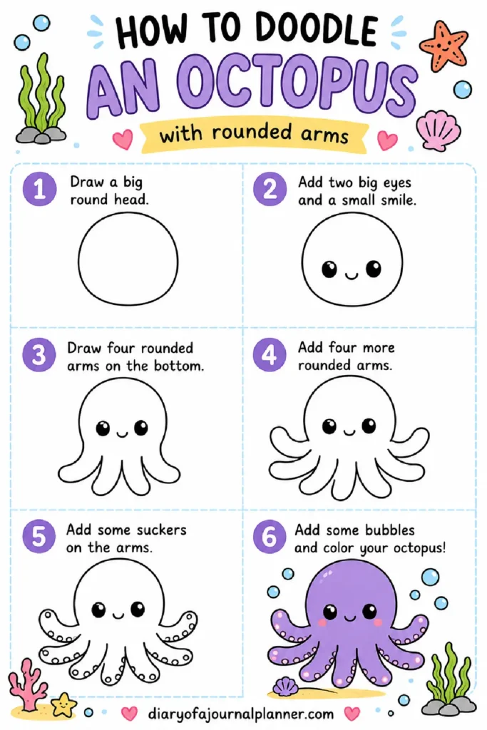 Step-by-step guide to doodling a cute octopus with rounded arms using simple illustrations and colorful accents.