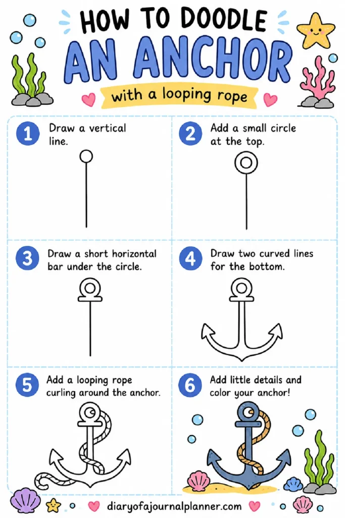 Step-by-step guide on how to doodle an anchor with a looping rope, featuring colorful illustrations and marine elements.