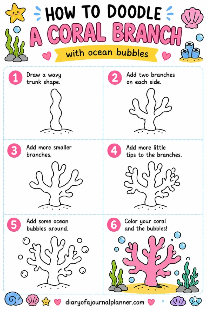 Step-by-step guide on doodling a colorful coral branch with ocean bubbles for creative drawing fun.