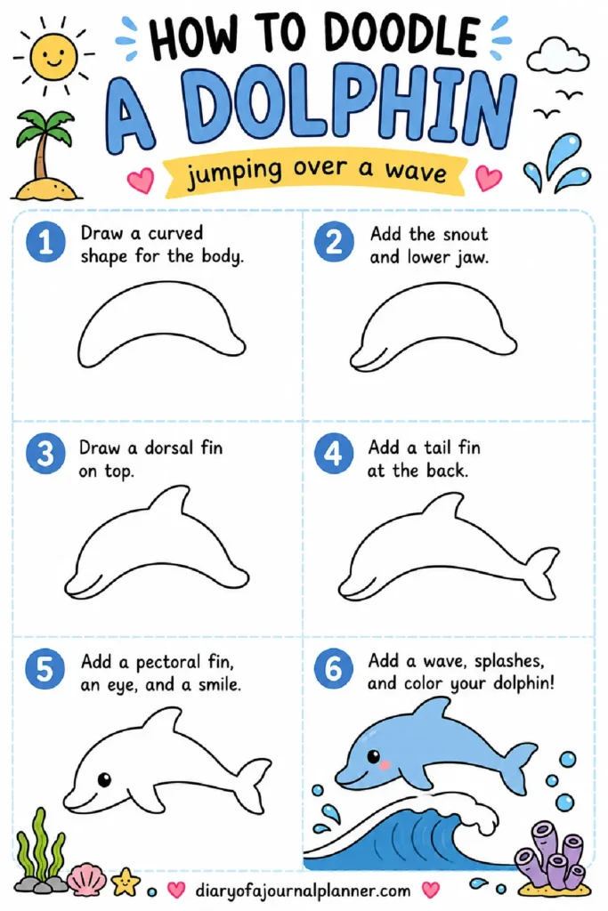 Step-by-step guide on how to doodle a dolphin jumping over a wave, featuring fun illustrations and tips.