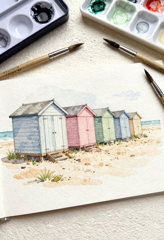 pastel beach huts shoreline