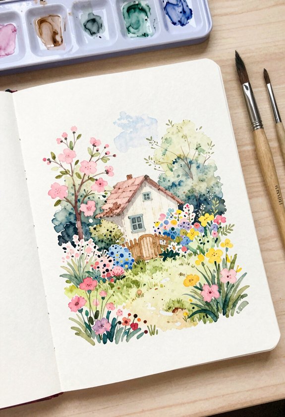 pastel cottage garden scene
