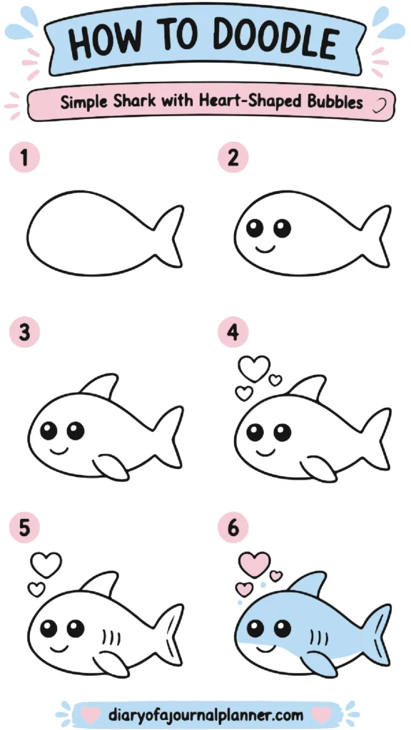 Alt text: Step-by-step guide to doodle a simple shark with heart-shaped bubbles, featuring cute expressions.