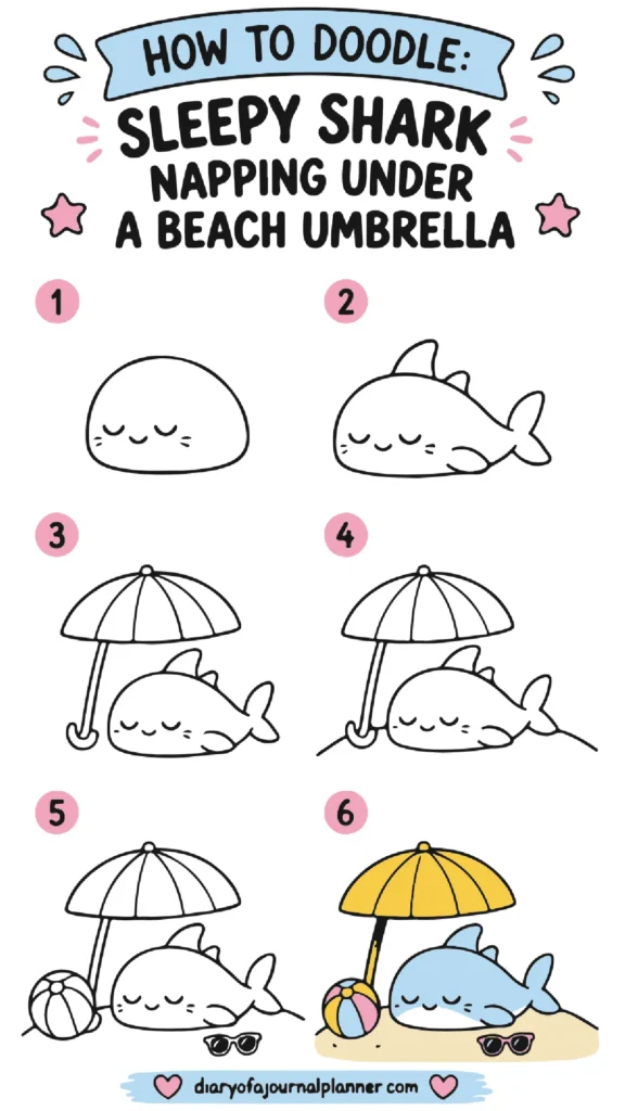 Step-by-step guide to doodling a sleepy shark napping under a beach umbrella with fun summer elements.