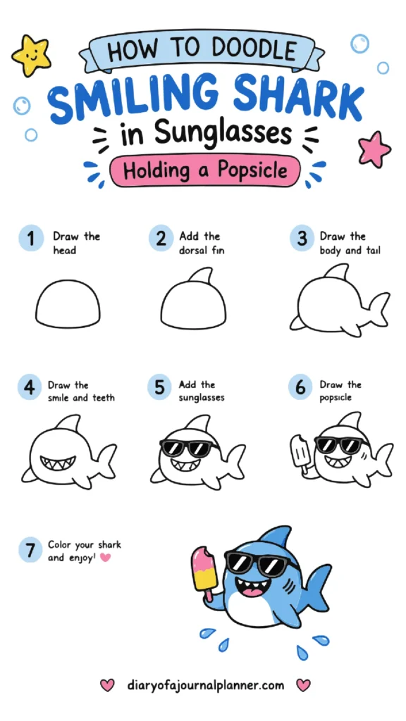 Step-by-step guide to doodle a smiling shark in sunglasses holding a popsicle, with fun and colorful illustrations.