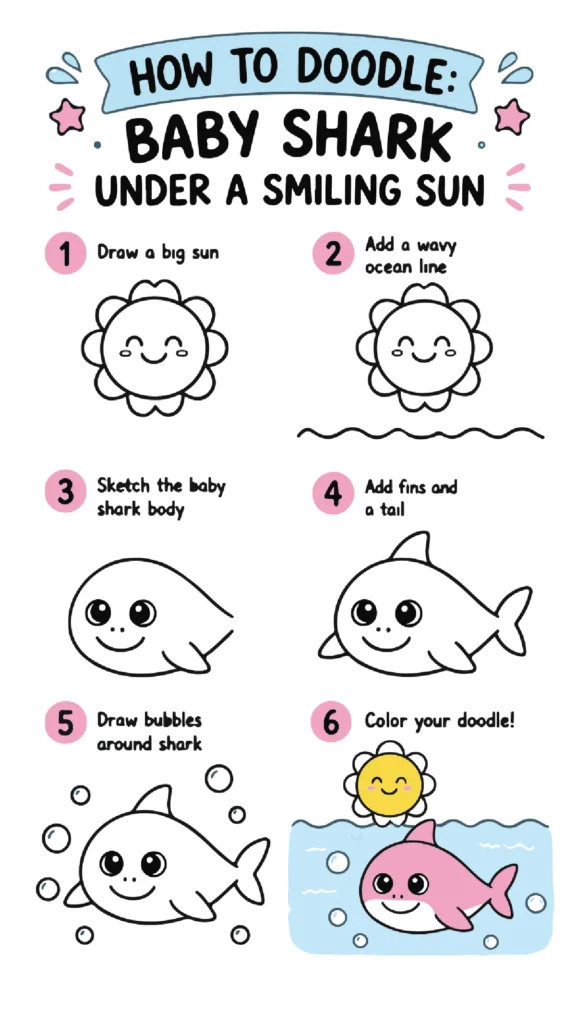 Step-by-step guide to doodling a cute baby shark under a smiling sun, perfect for kids' art activities.