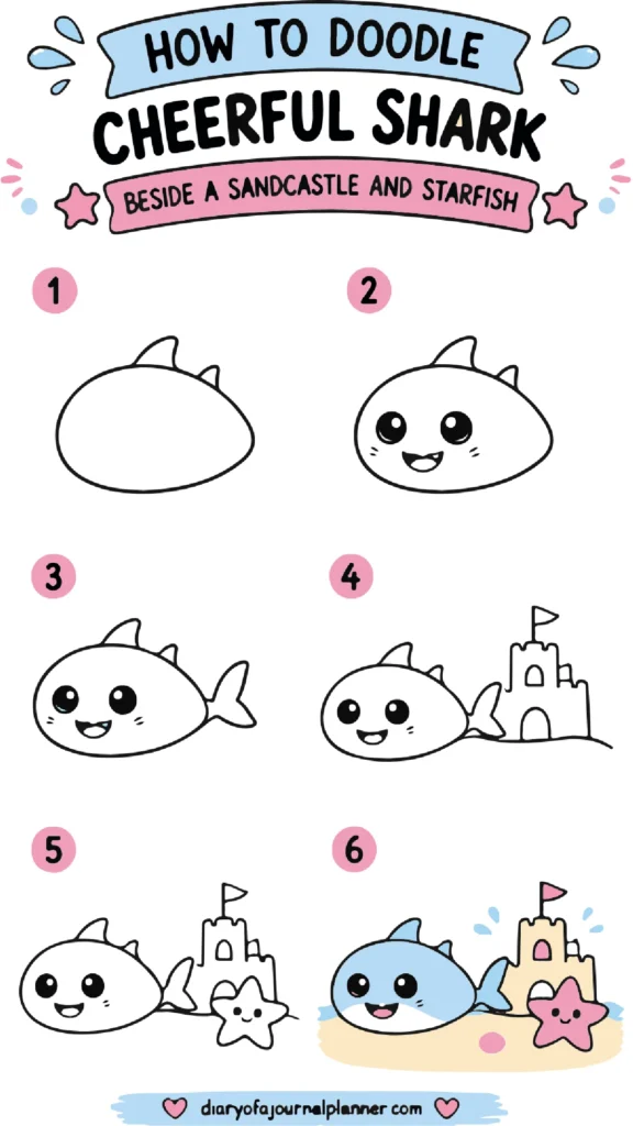 Step-by-step guide on doodling a cheerful shark next to a sandcastle and starfish, featuring cute illustrations.
