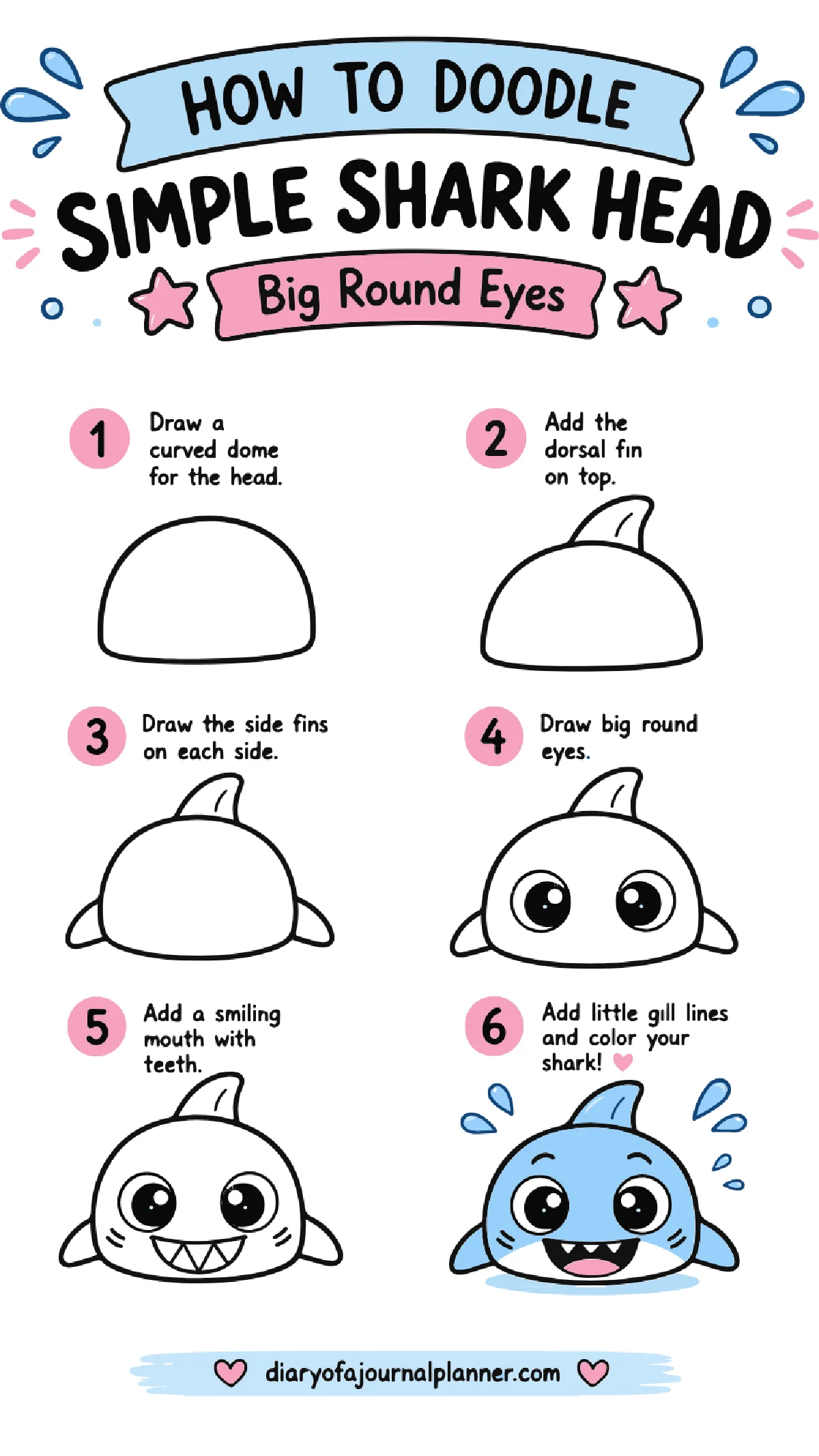 Step-by-step guide to doodle a cute shark head with big round eyes and a smiling mouth.