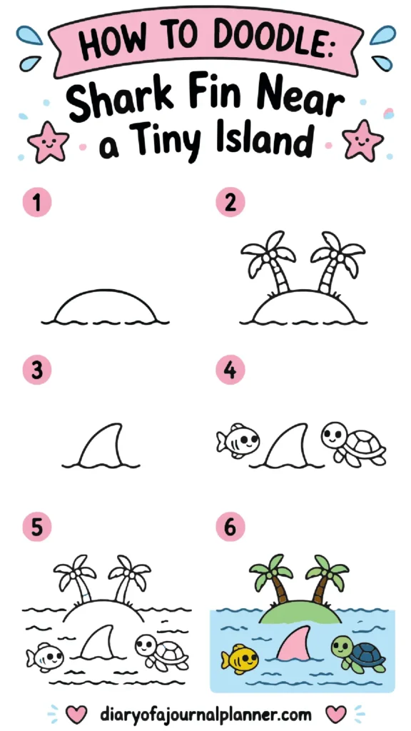 How to doodle a shark fin near a tiny island with step-by-step illustrations for easy drawing guidance.