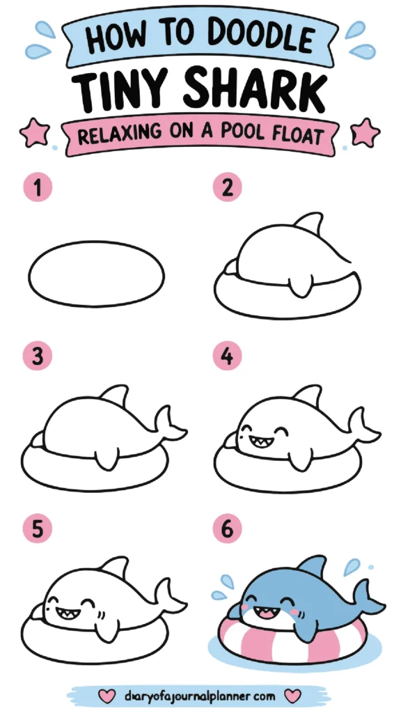 Step-by-step guide to doodling a cute tiny shark relaxing on a pool float, ideal for artists and doodle enthusiasts.