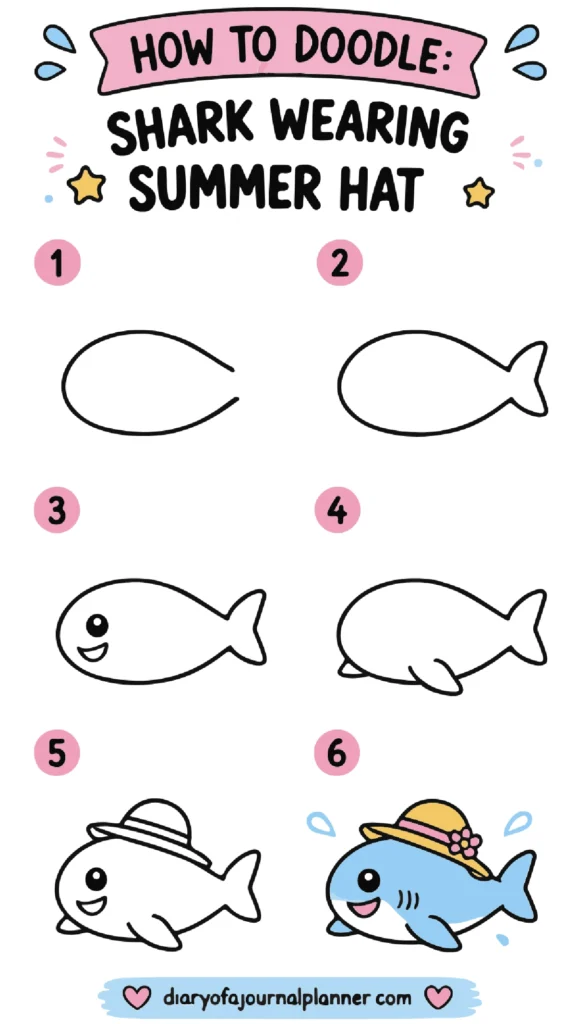 Step-by-step guide to doodling a cheerful shark wearing a summer hat, ideal for art lovers and kids.