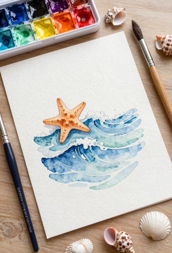 starfish on watercolor waves