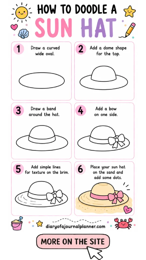 Step-by-step guide to doodling a sun hat, featuring easy illustrations for beginners.