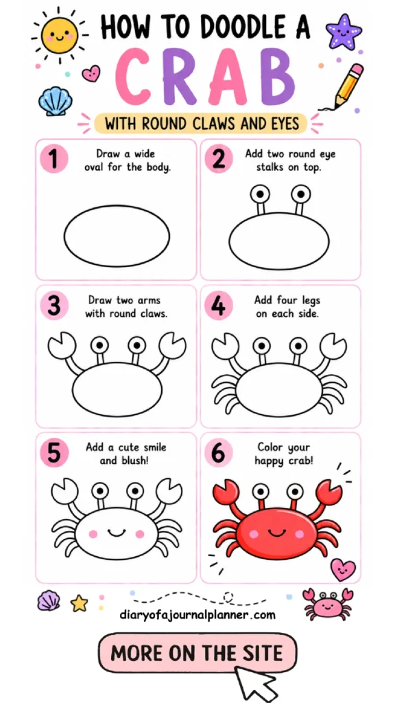 Step-by-step guide to doodle a cute crab with round claws and eyes, perfect for art enthusiasts.