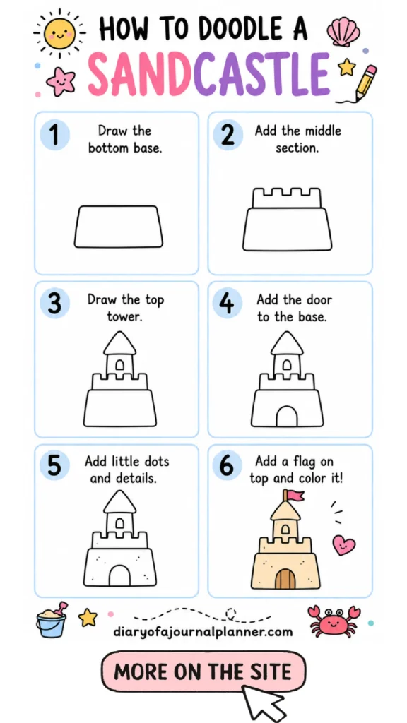 Step-by-step guide to doodling a sandcastle with fun illustrations and instructions for coloring.