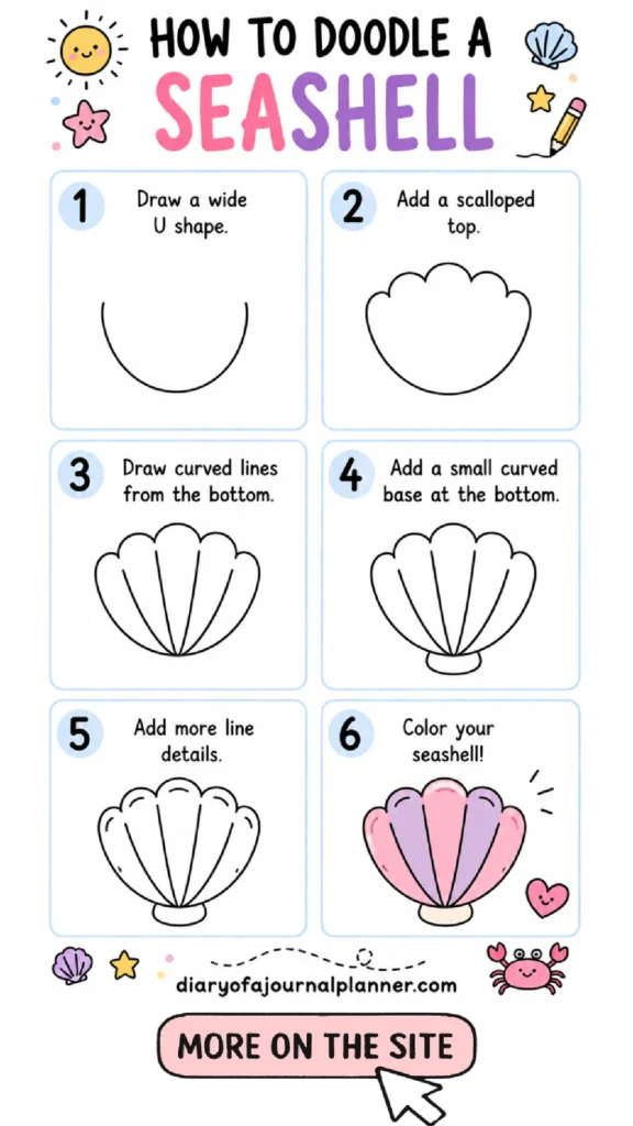 Step-by-step guide on how to doodle a seashell, including illustration and coloring tips. Fun and easy art tutorial!